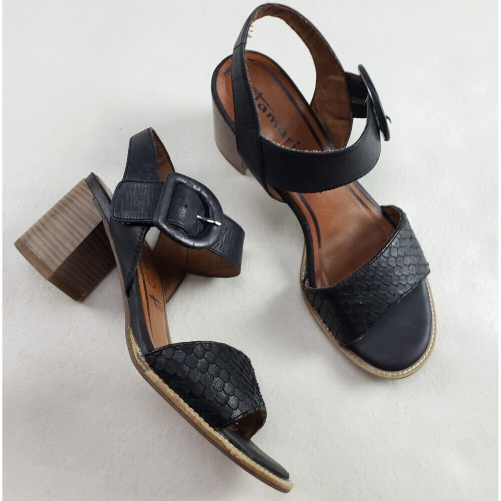 Tamaris Slingback Heeled Leather Sandal Womens 7.5 39 Black Leather Open Toe